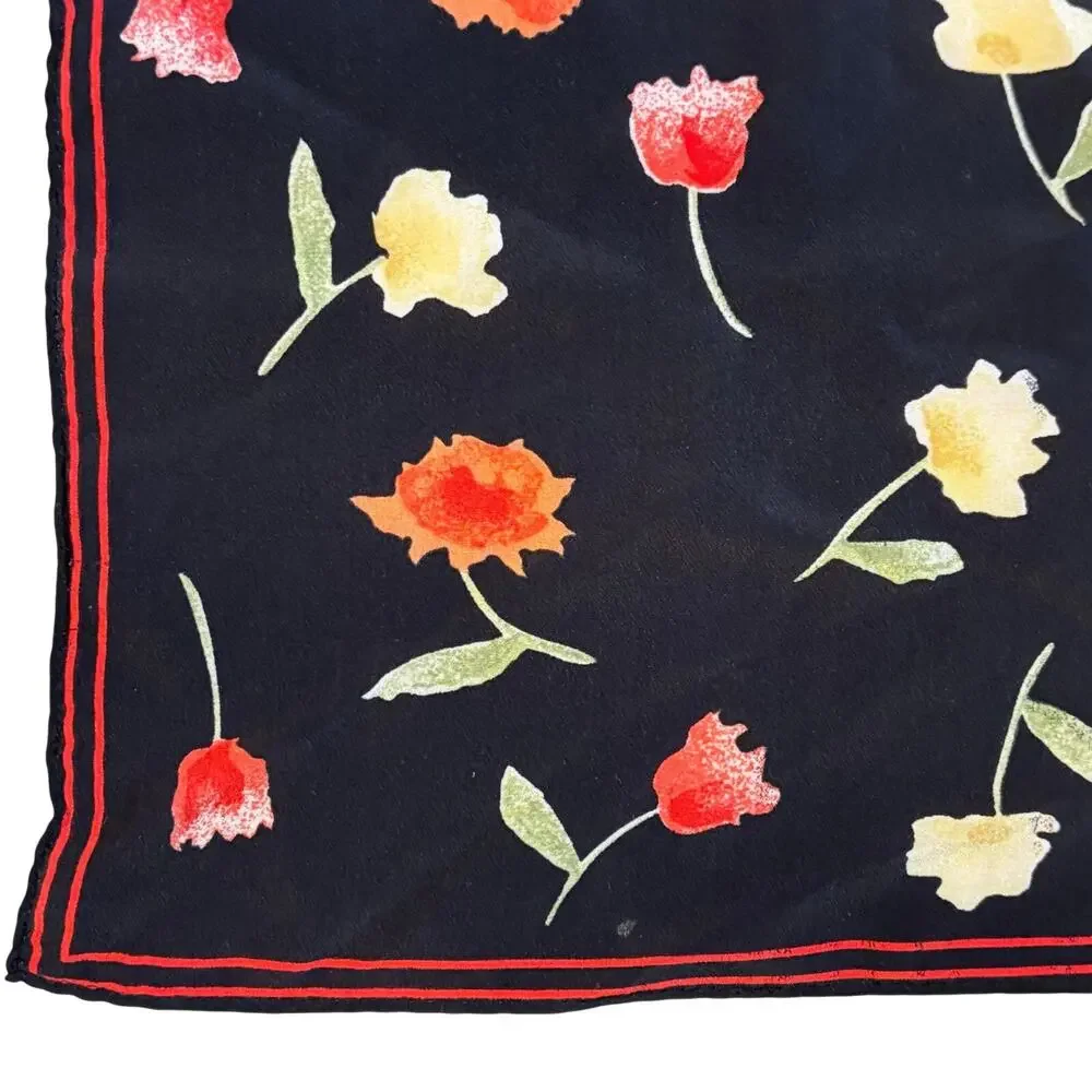 Silky Scarf Black & Multicolor floral neckerchief red green yellow small square